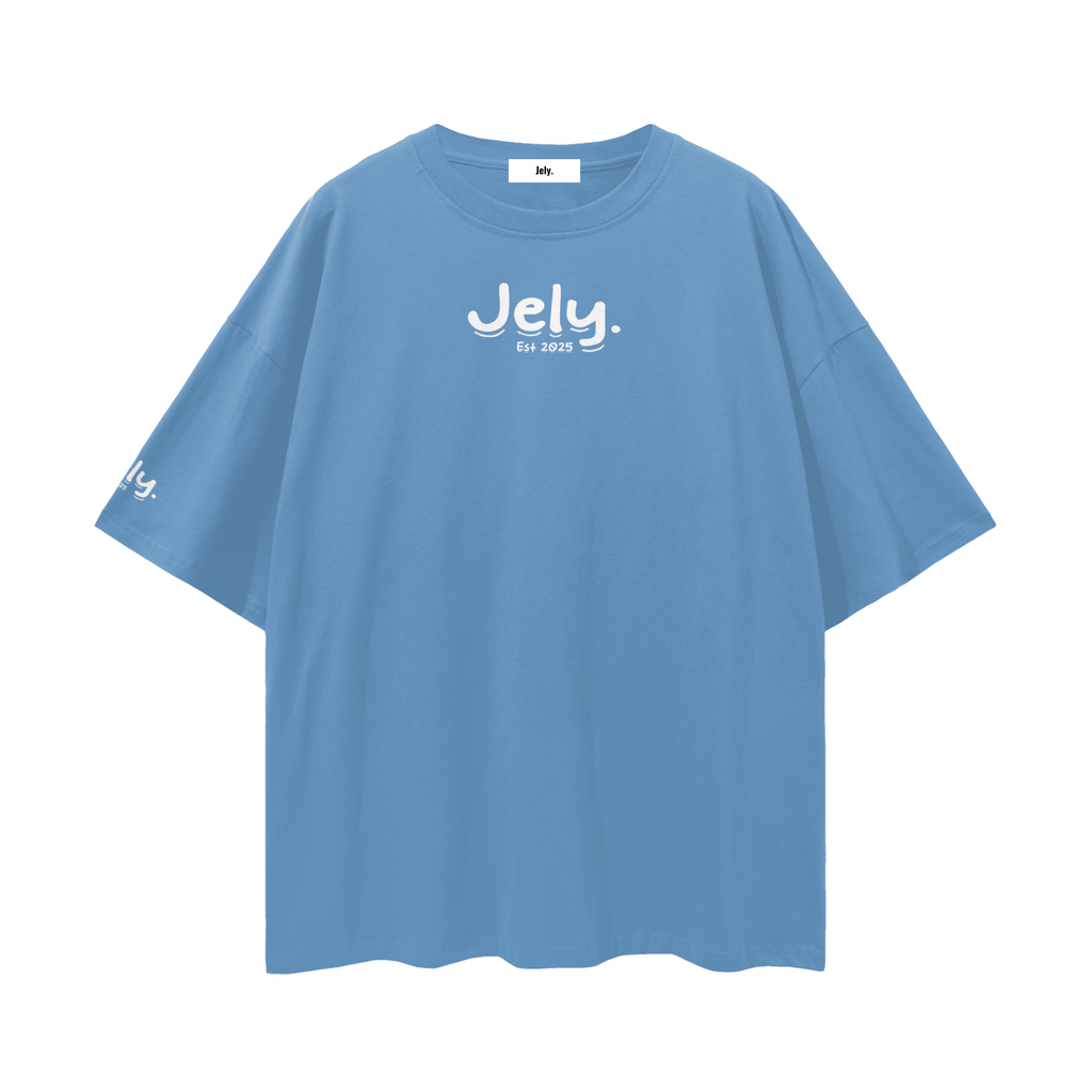 Blue t-shirt with 'Jely' branding on a white background